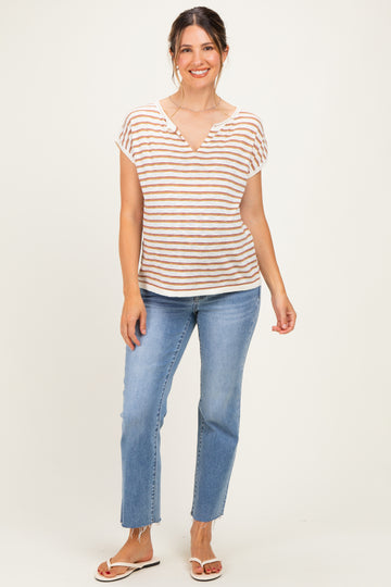 Rust Split Neck Striped Knit Maternity Top