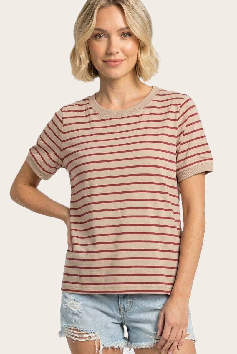 Tan Striped Solid Trim Maternity Tee