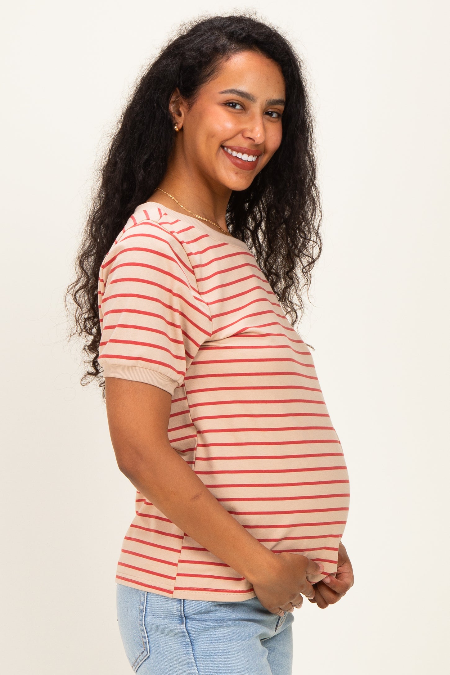 Tan Striped Solid Trim Maternity Tee