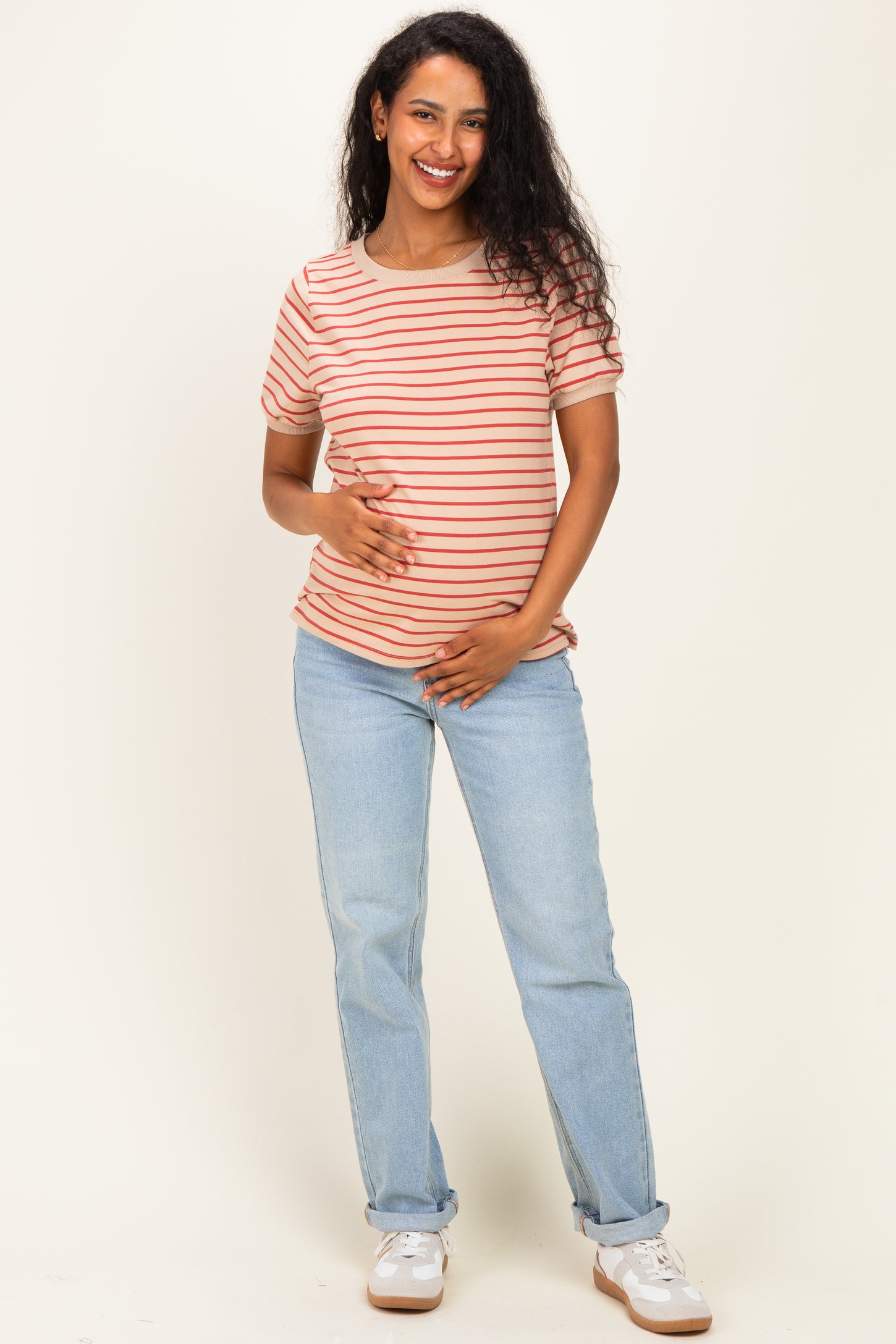 Tan Striped Solid Trim Maternity Tee