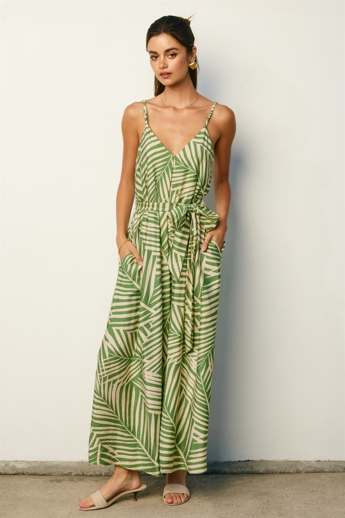 Sage Printed Waist Tie Maxi Dress