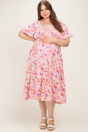 Coral Plus Sweetheart Flutter Sleeve Floral Maternity Maxi Dress