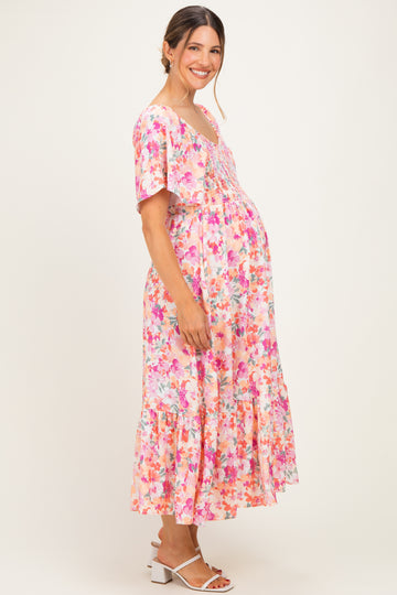 Coral Sweetheart Flutter Sleeve Floral Maternity Maxi Dress