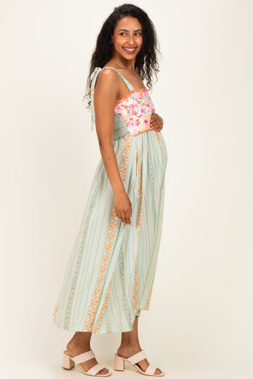 Sage Floral Tie Shoulder Woven Maternity Midi Dress