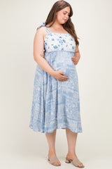 Blue Ivory Plus Floral Tie Shoulder Woven Maternity Midi Dress