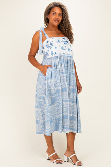 Blue Ivory Plus Floral Tie Shoulder Woven Midi Dress