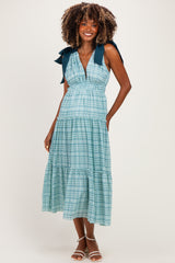 Light Blue Plaid Shoulder Tie Maternity Dress