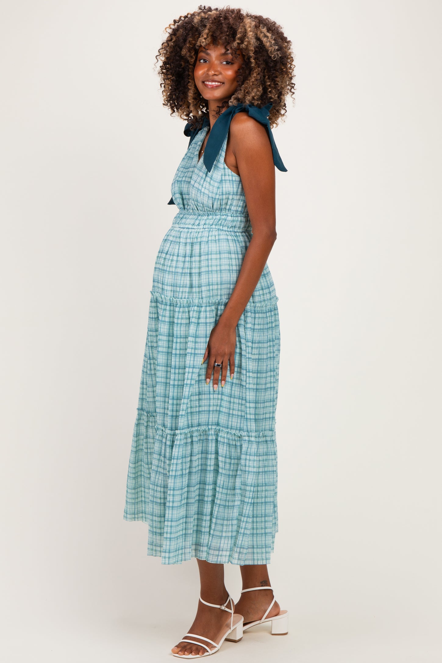 Light Blue Plaid Shoulder Tie Maternity Dress