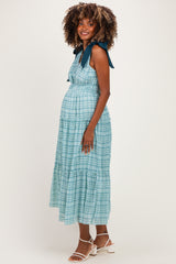 Light Blue Plaid Shoulder Tie Maternity Dress