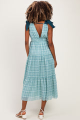 Light Blue Plaid Shoulder Tie Maternity Dress