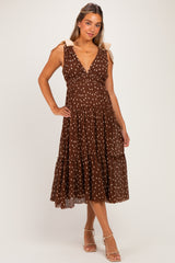 Brown Polka Dot Plisse Shoulder Tie Maternity Dress