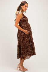 Brown Polka Dot Plisse Shoulder Tie Maternity Dress