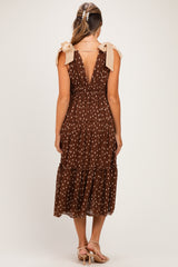 Brown Polka Dot Plisse Shoulder Tie Maternity Dress