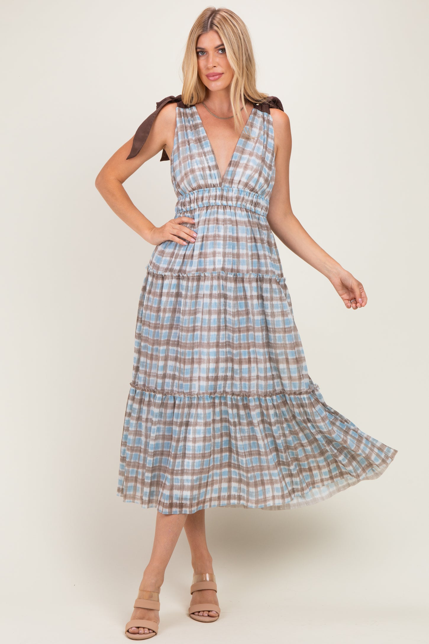 Blue Plaid Shoulder Tie Maternity Dress