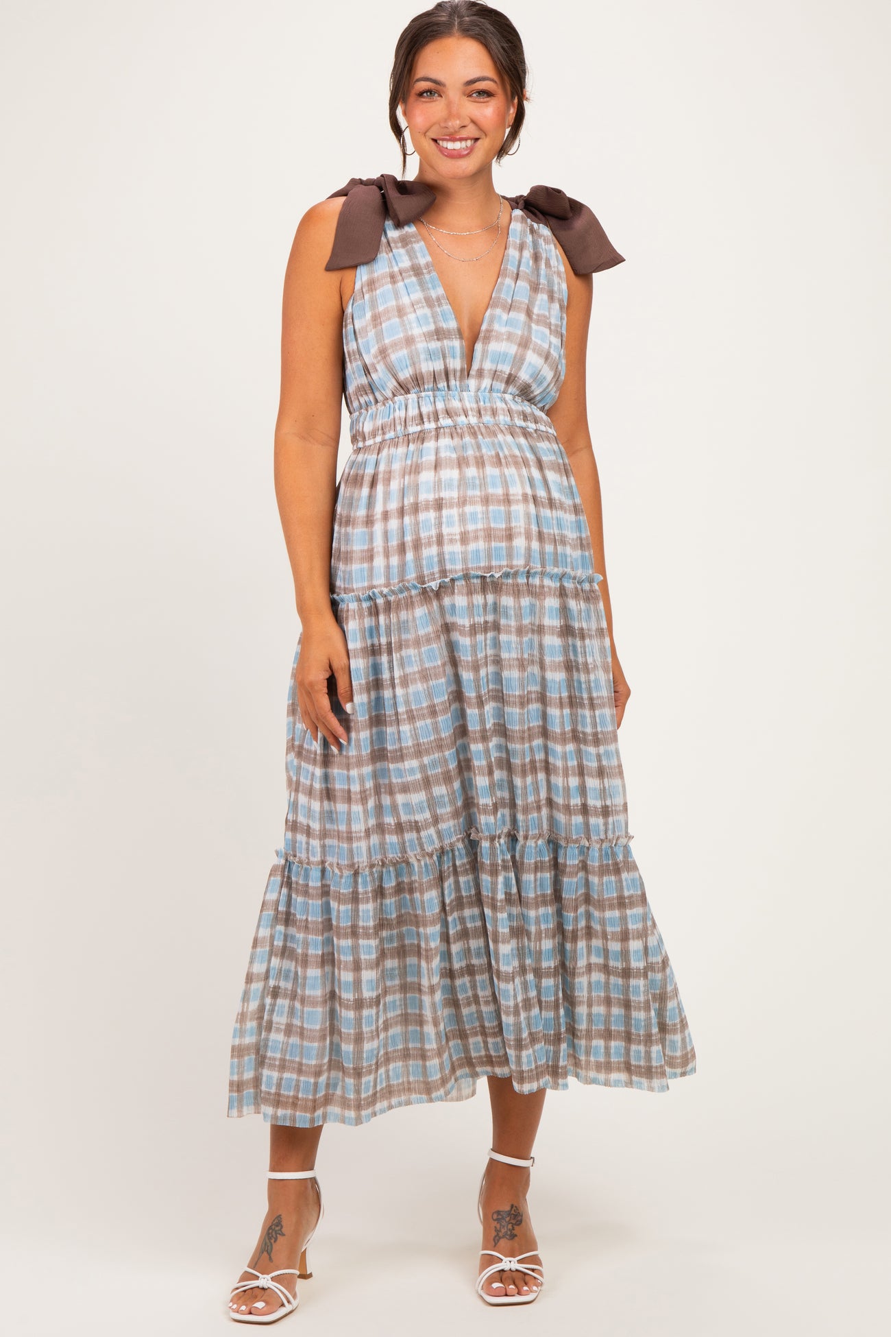 Blue Plaid Shoulder Tie Maternity Dress