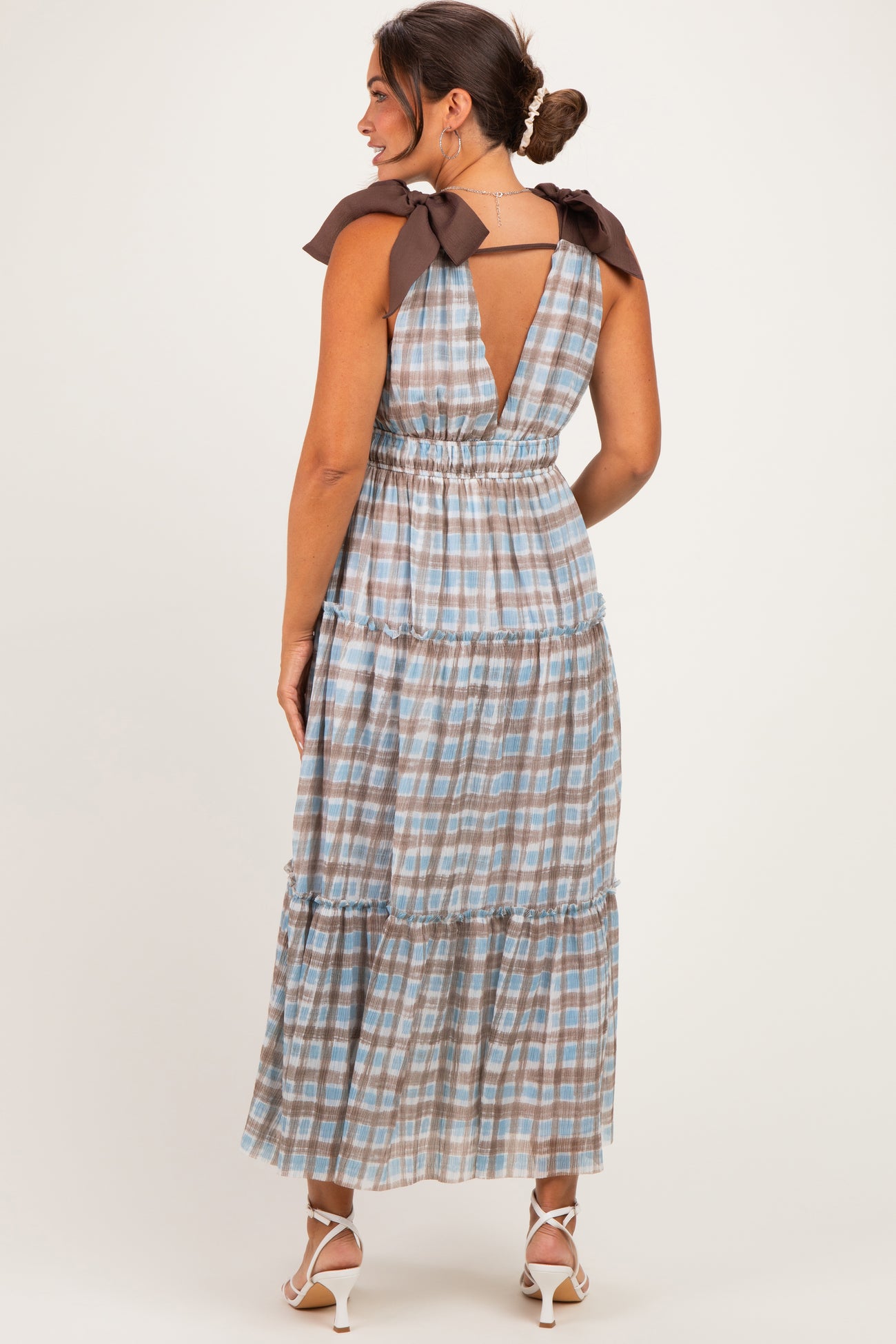 Blue Plaid Shoulder Tie Maternity Dress
