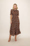 Brown Floral Neck Tie Tiered Midi Dress
