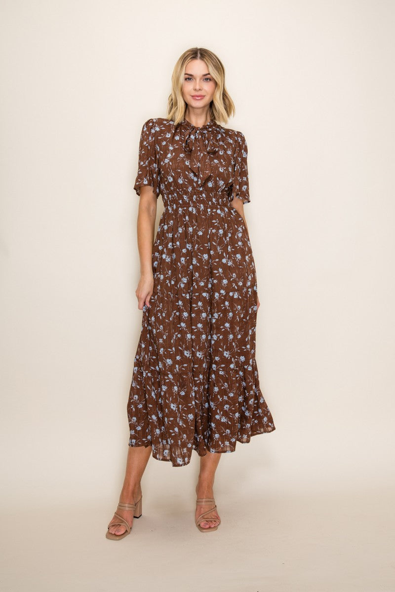 Brown Floral Neck Tie Tiered Maternity Midi Dress
