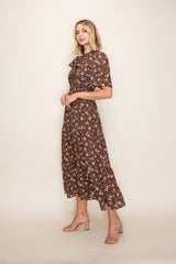 Brown Floral Neck Tie Tiered Midi Dress