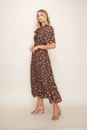 Brown Floral Neck Tie Tiered Midi Dress