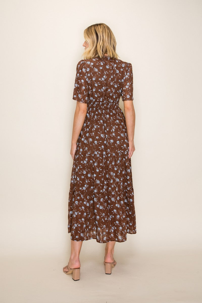 Brown Floral Neck Tie Tiered Midi Dress