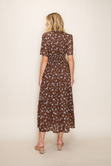 Brown Floral Neck Tie Tiered Midi Dress