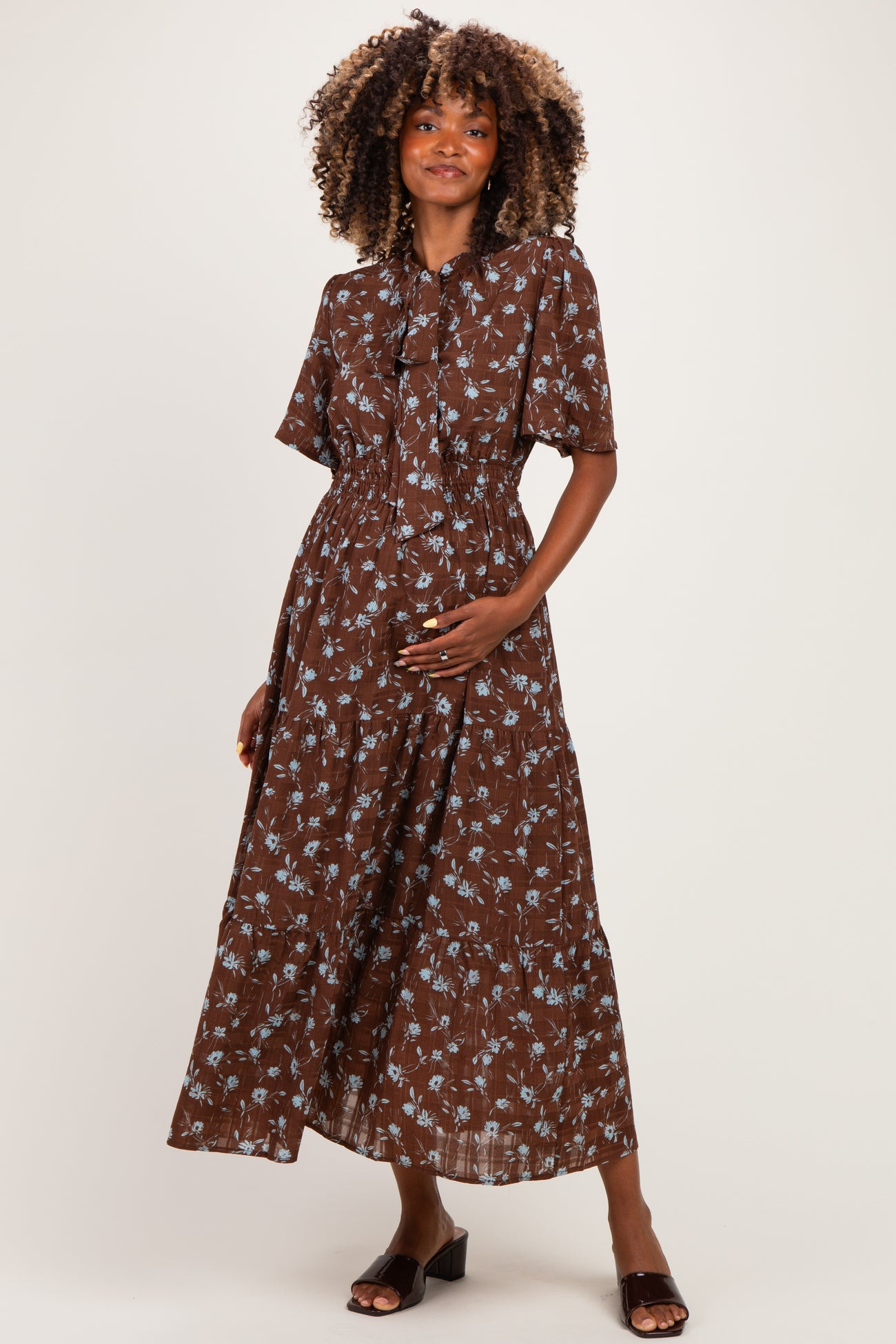 Brown Floral Neck Tie Tiered Maternity Midi Dress