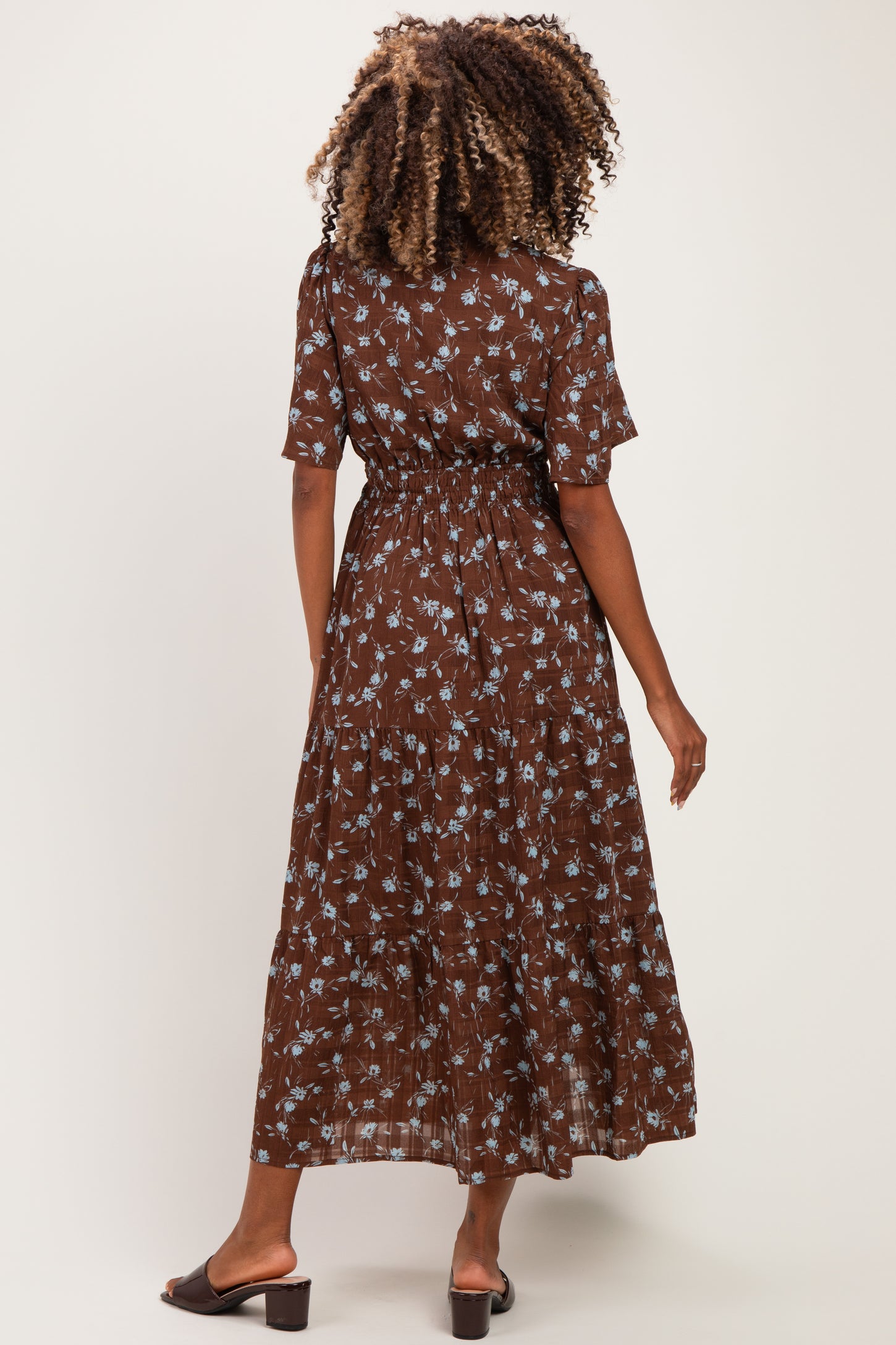 Brown Floral Neck Tie Tiered Maternity Midi Dress