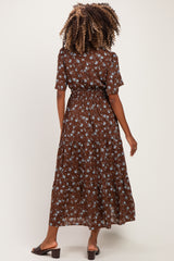Brown Floral Neck Tie Tiered Maternity Midi Dress