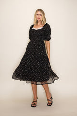 Black Floral Lace Trim Maternity Midi Dress