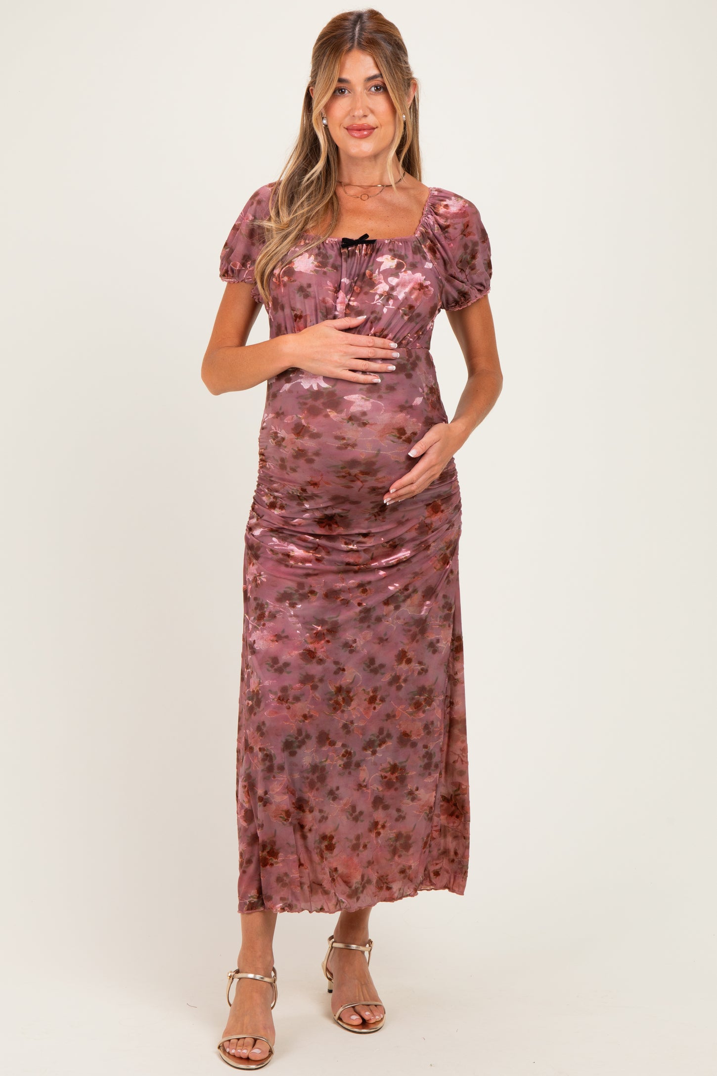 Vintage Rust Ruched Floral Mesh Maternity Midi Dress
