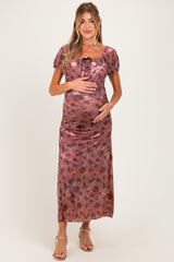 Vintage Rust Ruched Floral Mesh Maternity Midi Dress