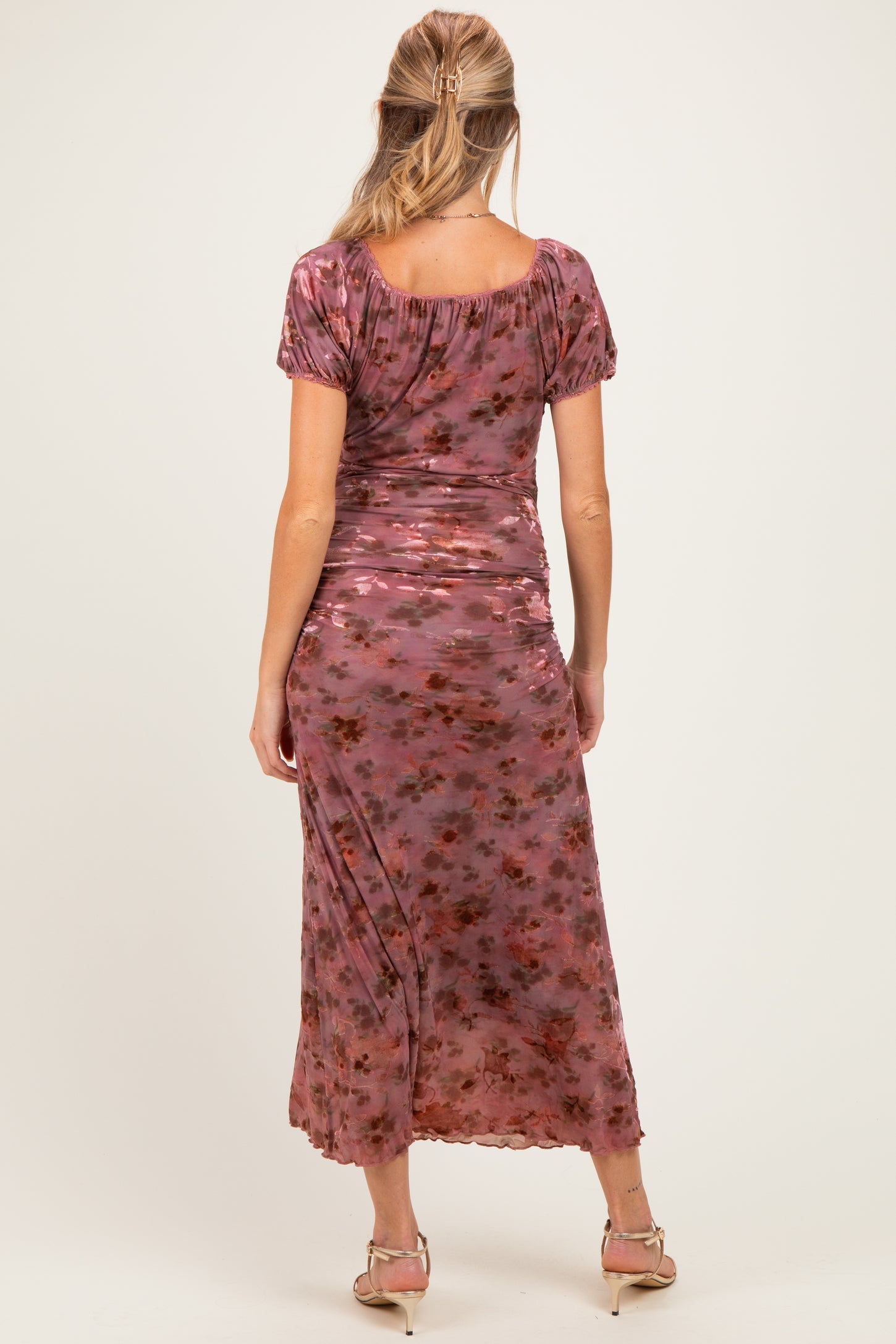 Vintage Rust Ruched Floral Mesh Maternity Midi Dress