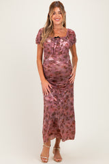 Vintage Rust Ruched Floral Mesh Maternity Midi Dress