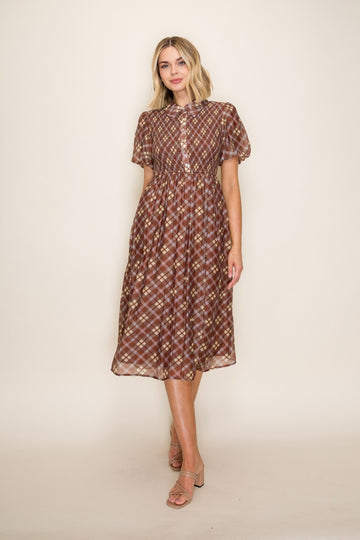 Brown Plaid Smocked Shirt Dress