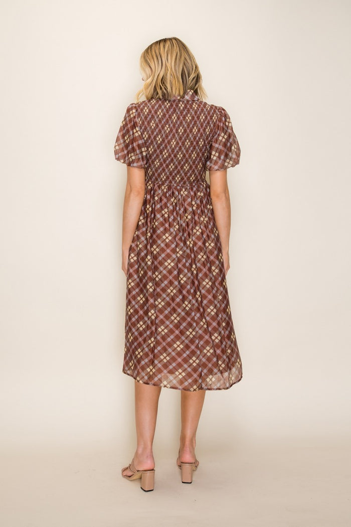 Brown Plaid Smocked Shirt Dress