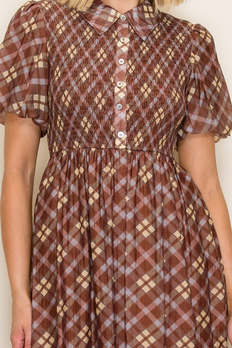 Brown Plaid Smocked Shirt Dress