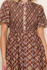 Brown Plaid Smocked Shirt Dress