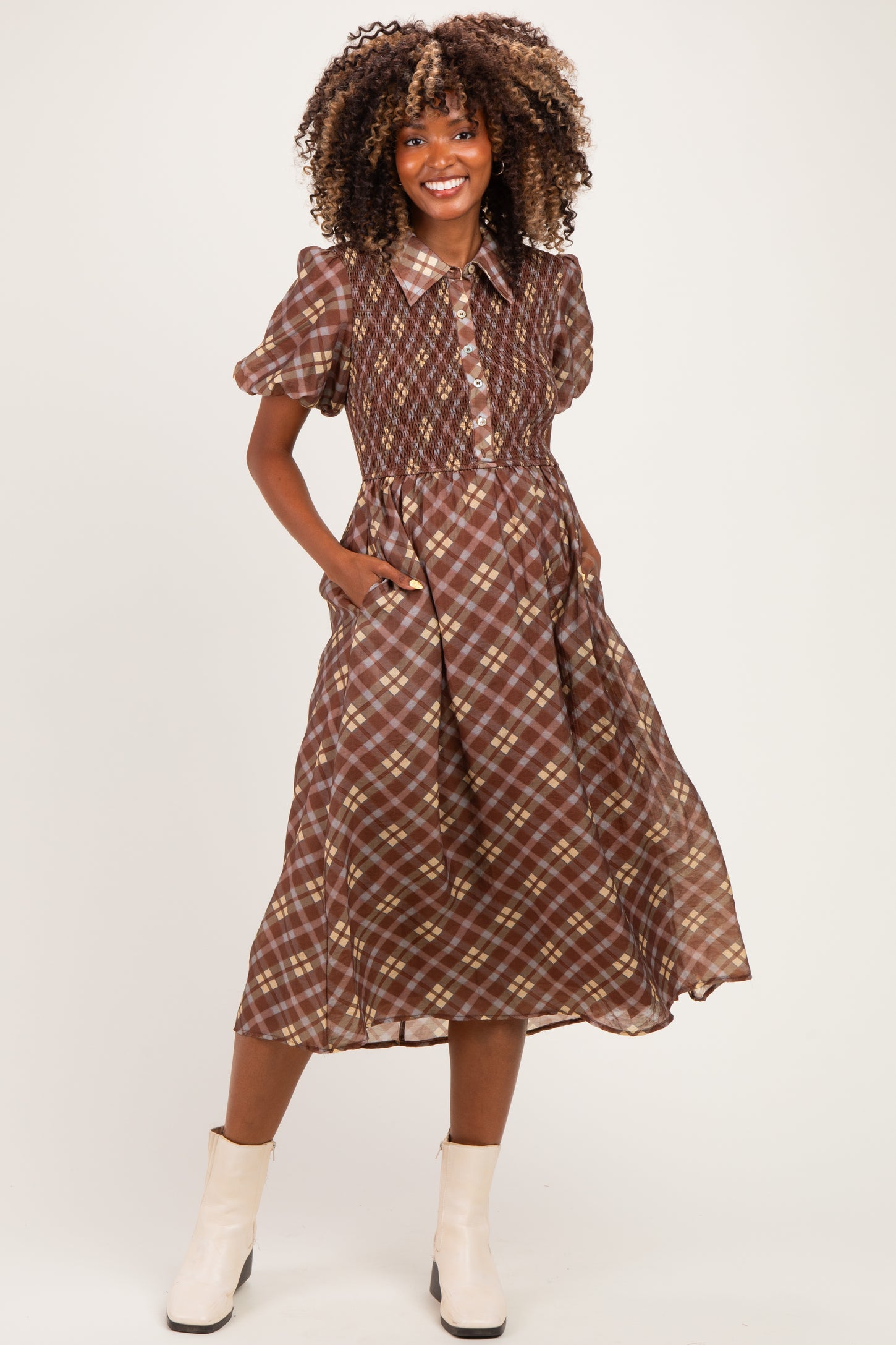 Brown Plaid Smocked Maternity Shirt Dress