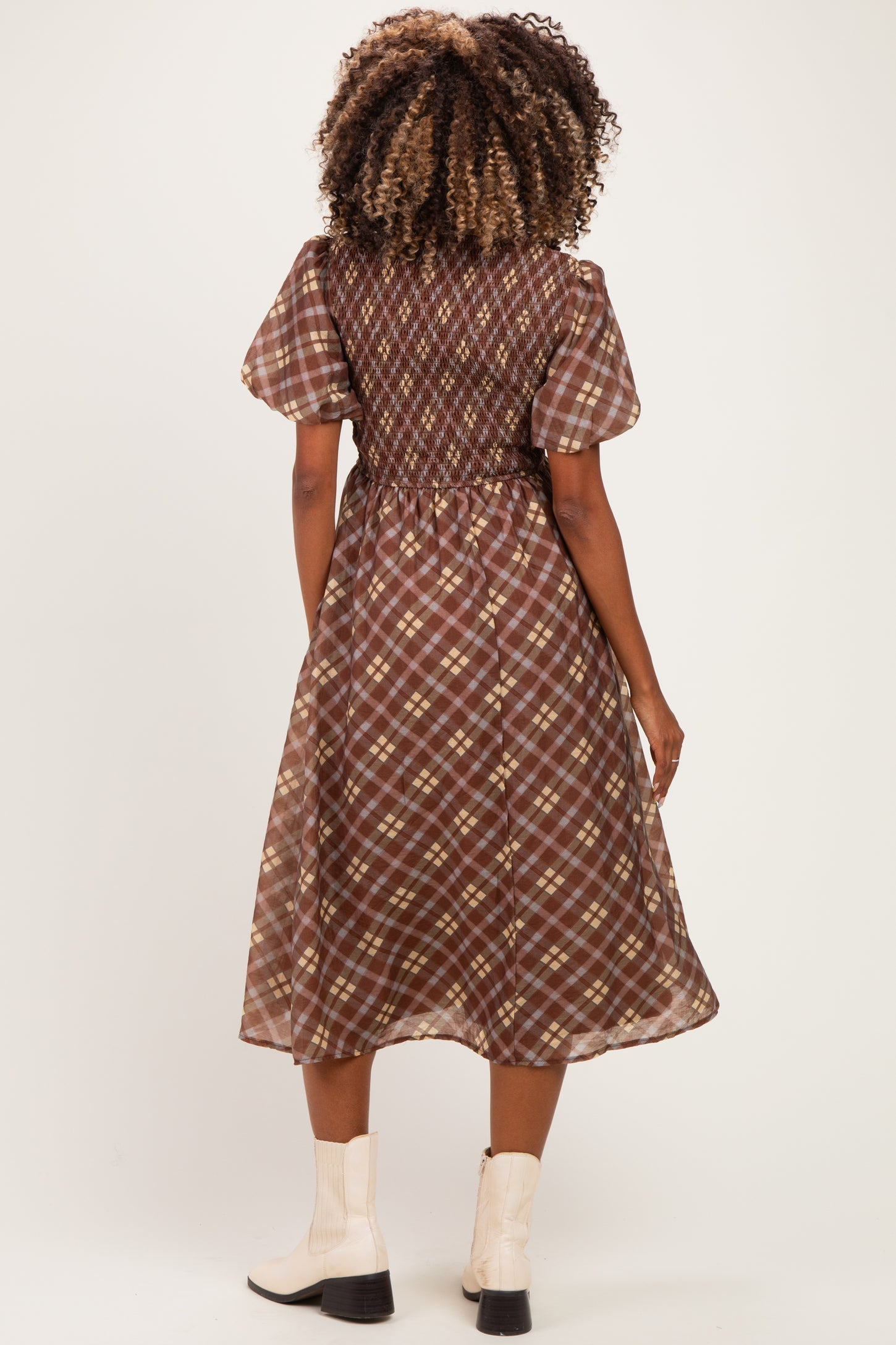 Brown Plaid Smocked Maternity Shirt Dress