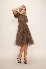 Mocha Polka Dot Tulle Midi Dress