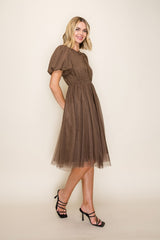 Mocha Polka Dot Tulle Midi Dress