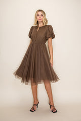 Mocha Polka Dot Tulle Midi Dress