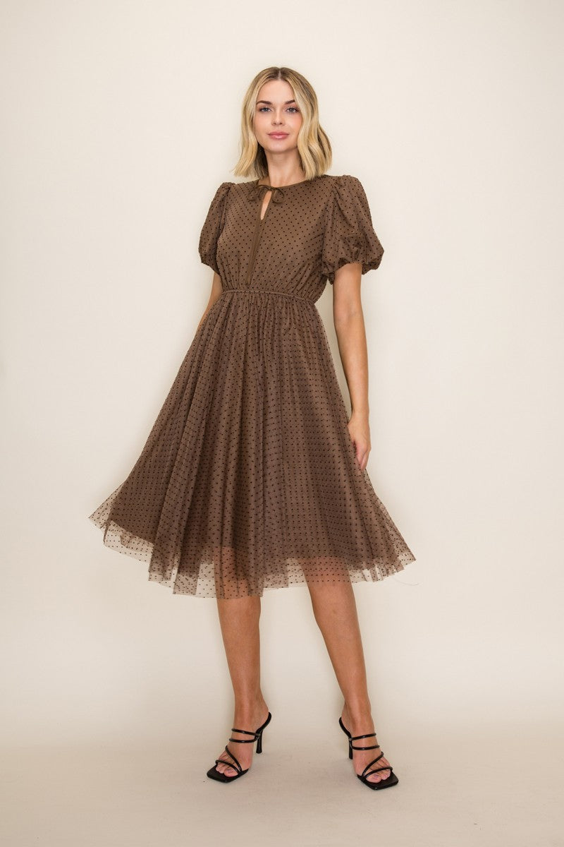 Mocha Polka Dot Tulle Maternity Midi Dress