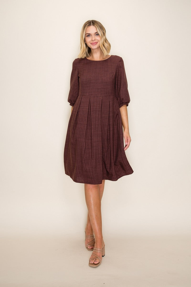 Brown Printed Textured Pleated Midi Dress