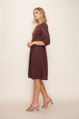 Brown Printed Textured Pleated Midi Dress