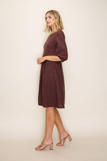 Brown Printed Textured Pleated Midi Dress