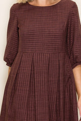 Brown Printed Textured Pleated Midi Dress
