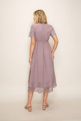 Mauve Lace Scallop Hem Midi Dress
