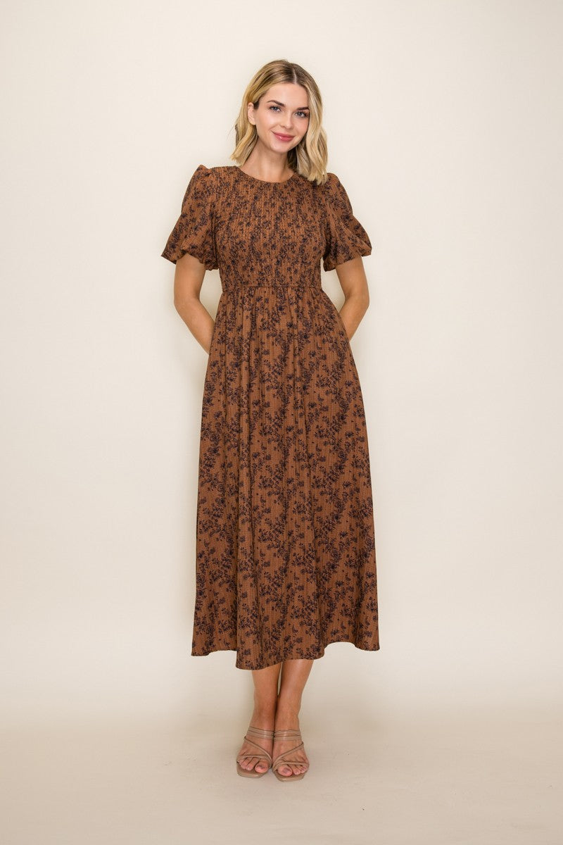 Clay Floral Smocked Puff Sleeve Maternity Dress